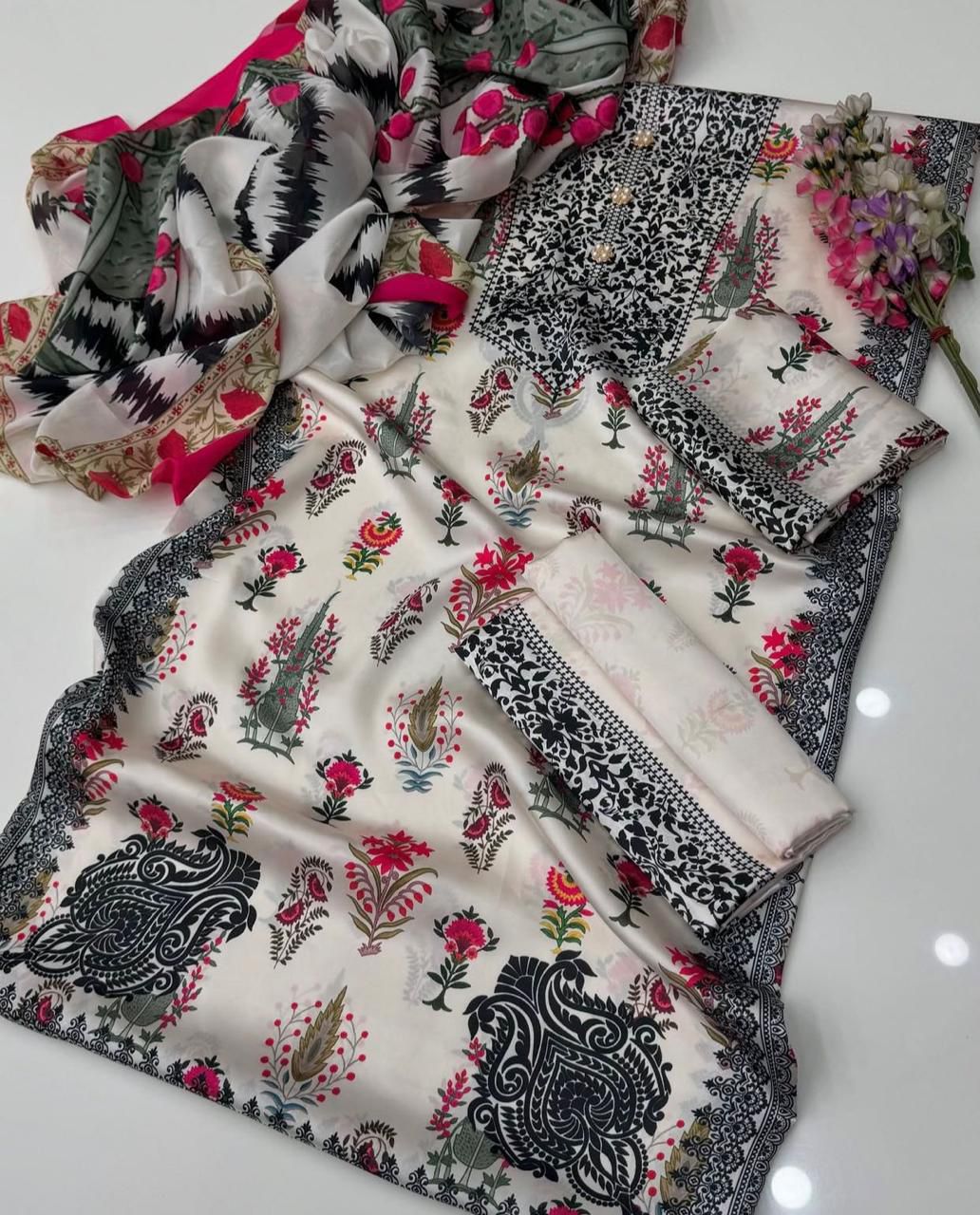 Lulusar Digital Printed 3-Piece Silk Suit ( Design 48)